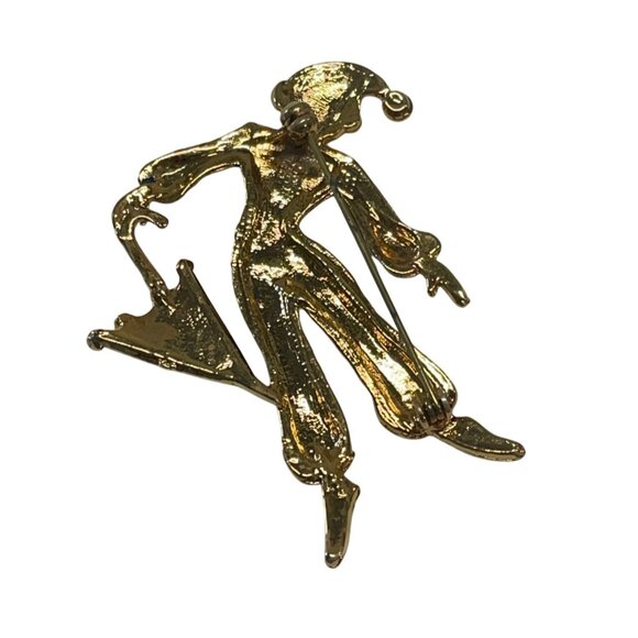 Jester Clown Enamel Rhinestone Umbrella Gold-Tone Pin Brooch Jewelry Vintage - Picture 2 of 2